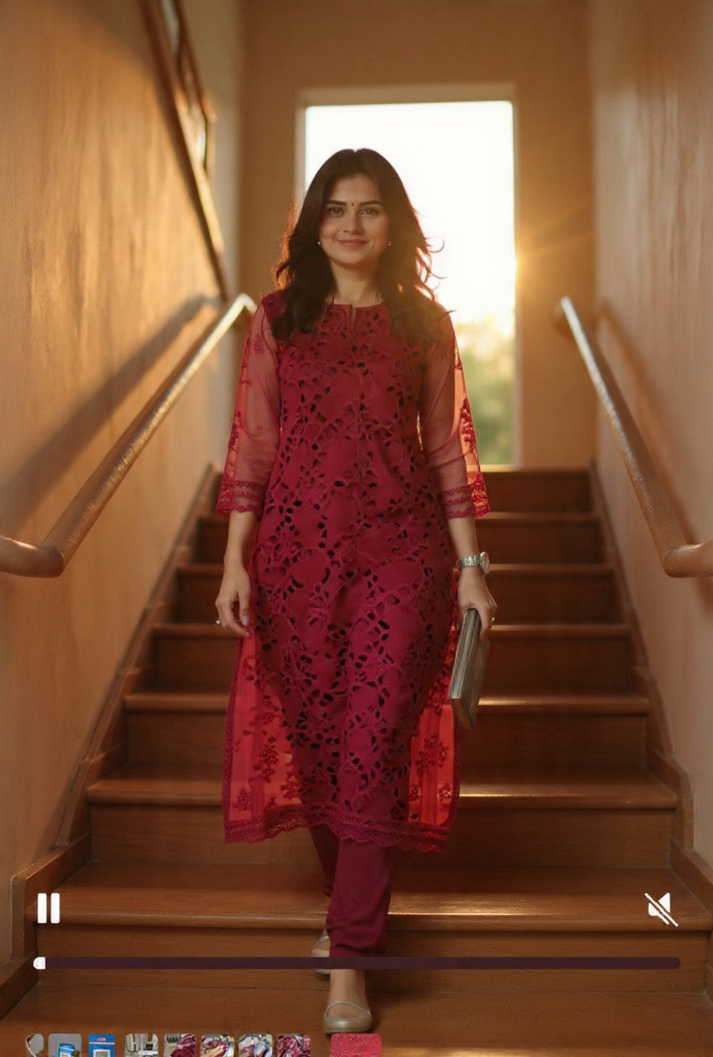 Crimson lace kurta set with sequins &Pearl hand Embroidery