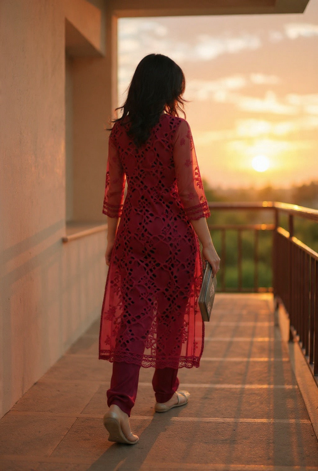 Crimson lace kurta set with sequins &Pearl hand Embroidery
