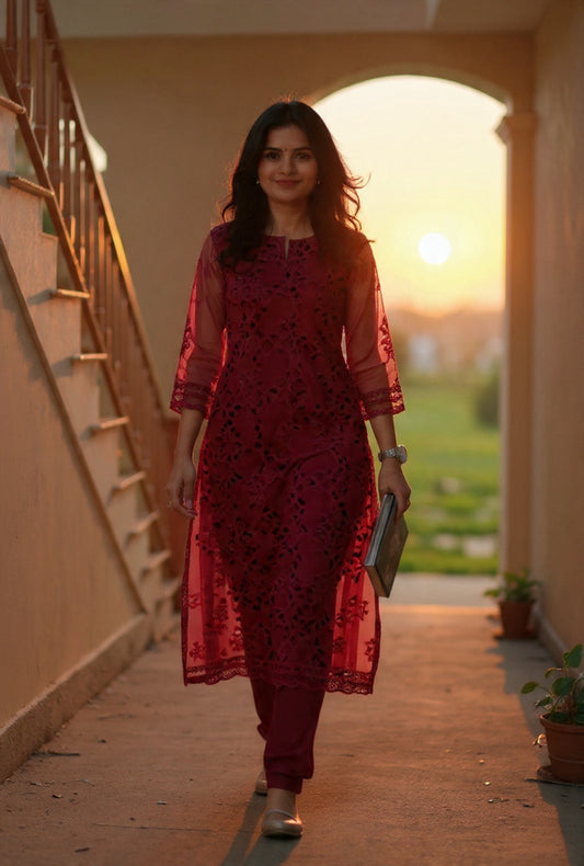 Crimson lace kurta set with sequins &Pearl hand Embroidery